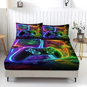 Colorful Game Console Controller Pattern Non Fading Fitted Sheet,Including 1 Bed Sheet and 2 Pillowcases,Comfortable Bedding,Anti Slip Dust Cover Suitable for Teenagers and Adult Bedroom Decoration