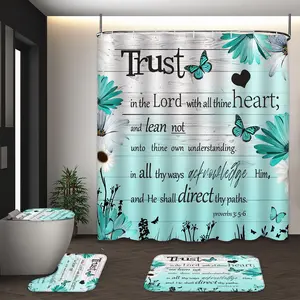LVRLVR 4Pcs Christian Bible Verse Trust Lord Print Floral Butterfly Multi-Color Shower Curtain Set Bathroom Curtain 70.8×70.8 Inch