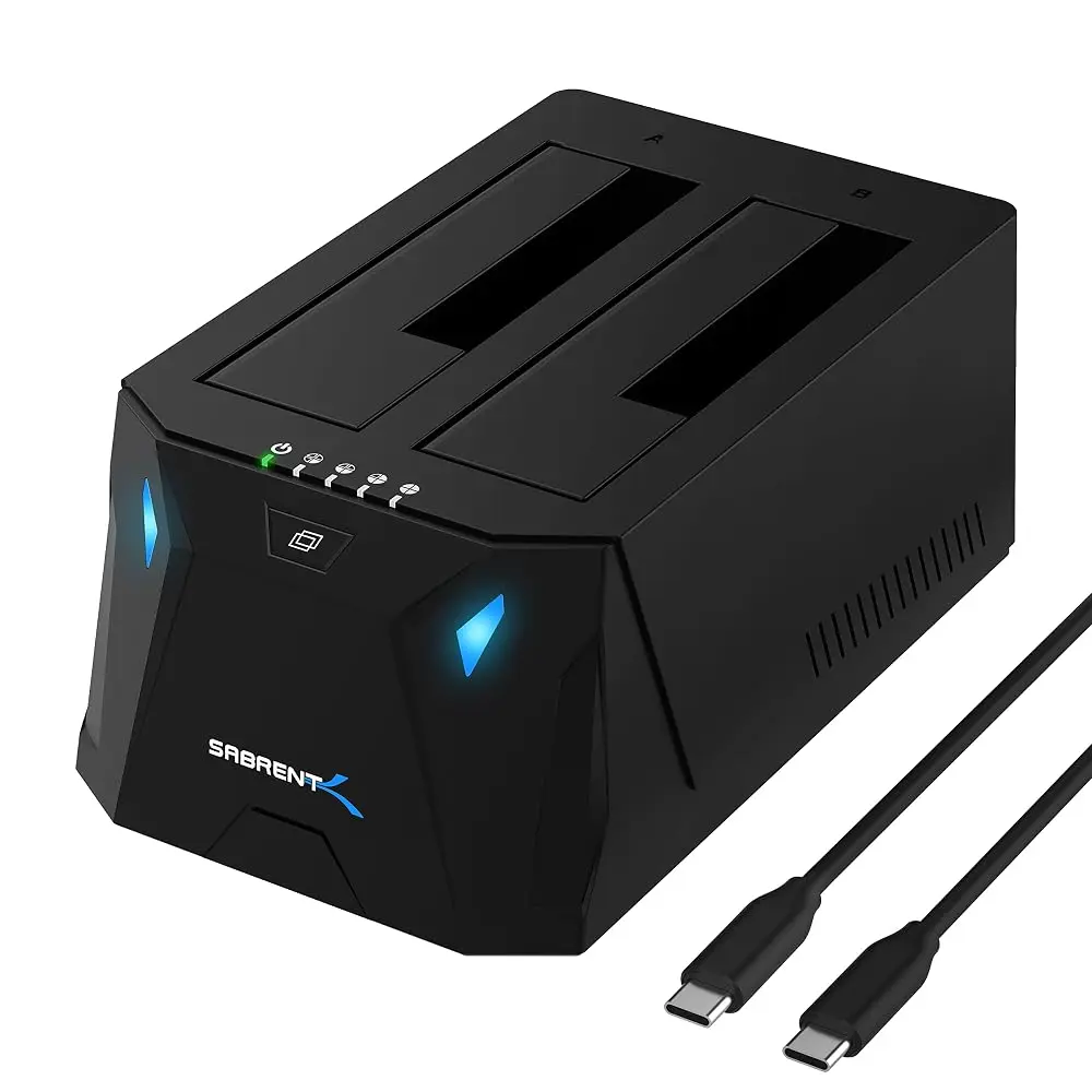 Sabrent USB Type-C SATA 2.5 & 3.5 Inch Dual Bay Hard Drive Docking Station with Offline Cloning and Tool-Free Installation