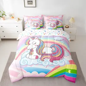 Feelyou Rainbow Unicorn Microfiber Bedding Set - 7-Piece Bed-in-A-Bag for Girls, Including Comforter, Sheets and Soft Blanket, Cute Cartoon Themed Collection