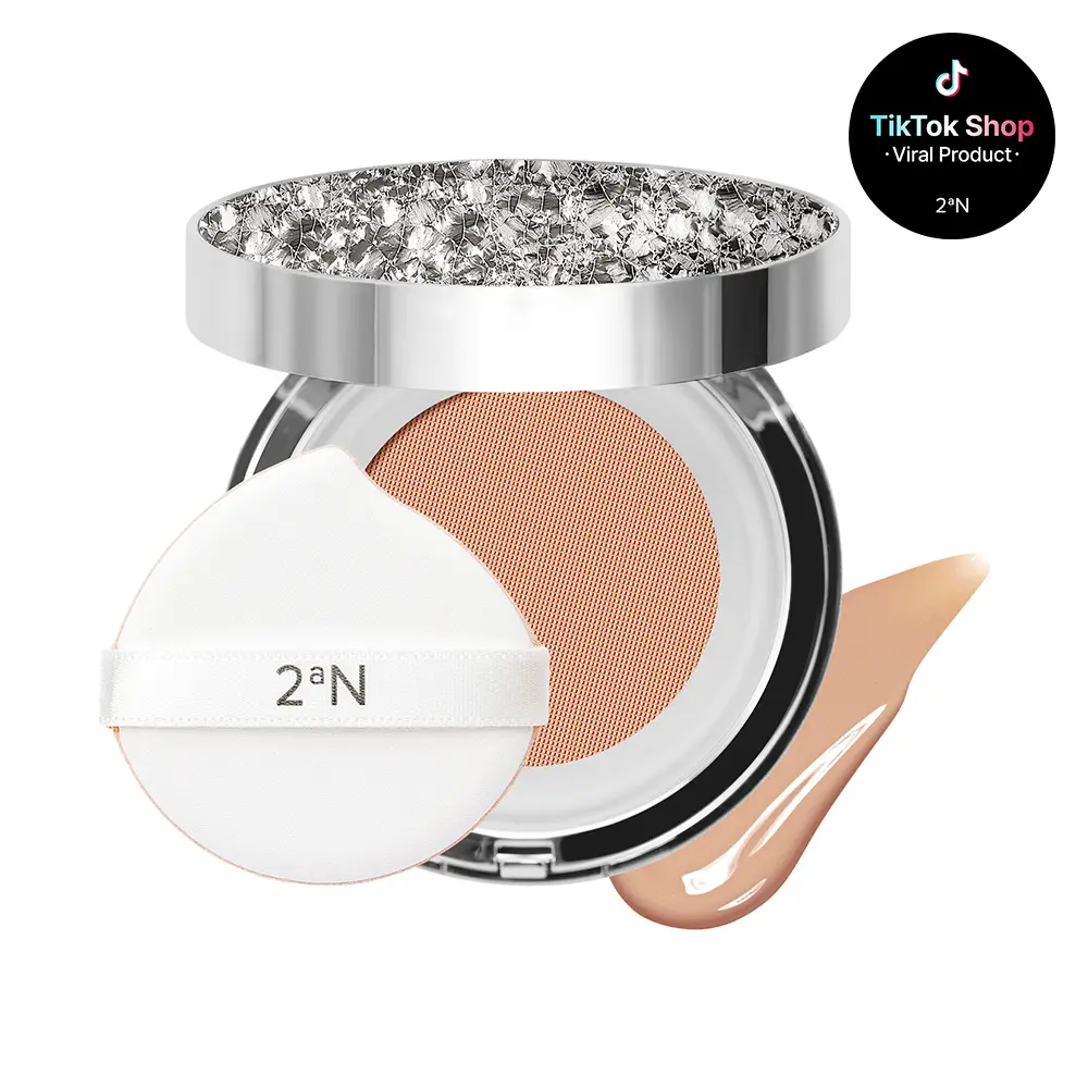 2aN Gleaming Tension Cushion Foundation Pact, Korean Cushion Foundation Makeup, Lightweight & Buildable Coverage with Ceramides and Centella Asiatica