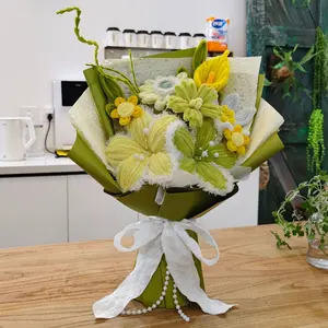 Handmade Crochet Flower Bouquet, Green Yellow Lily Daisy Everlasting Flowers, Gift for Friends Kids Birthday Exquisite & Premium Summervibes