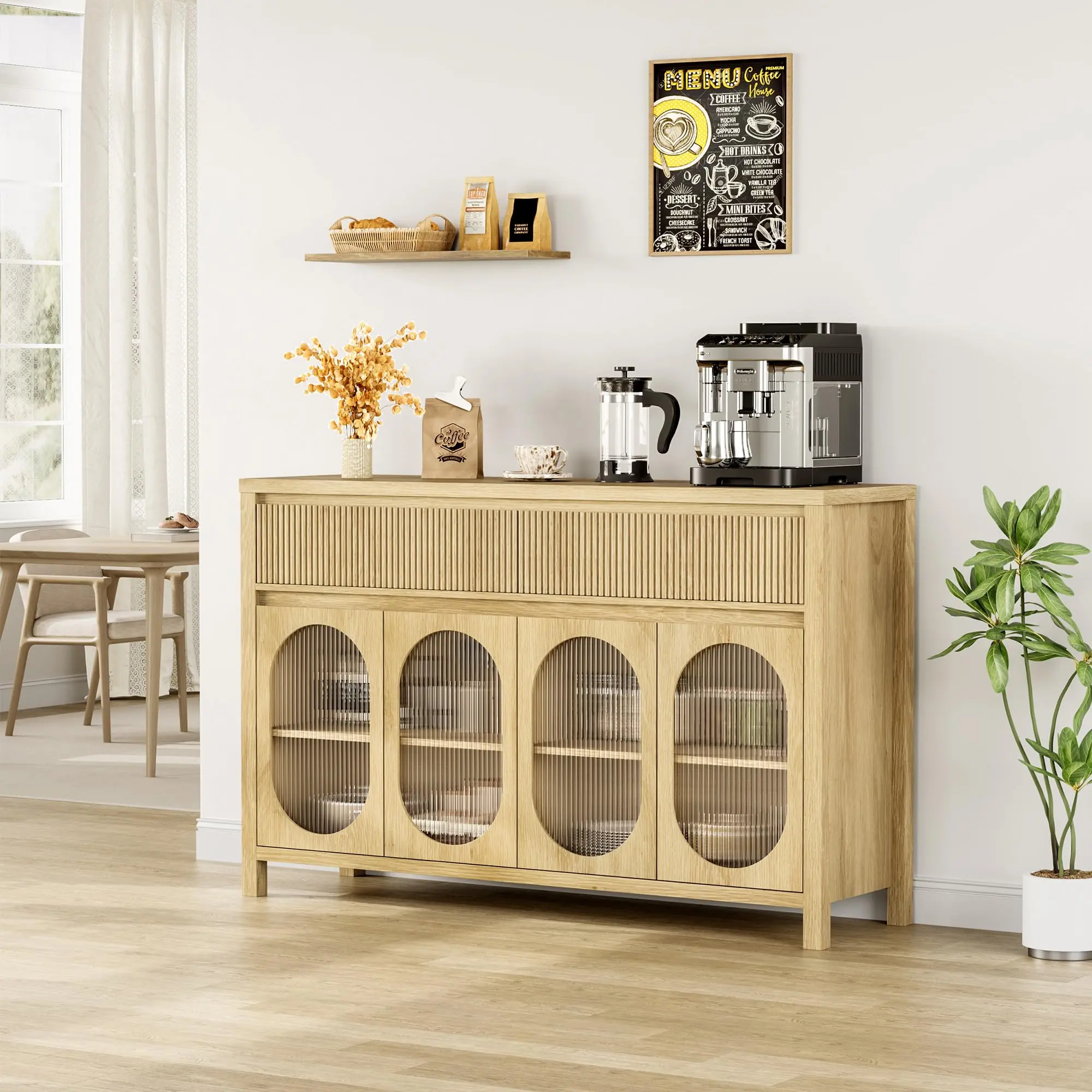55" Large Sideboard Buffet Cabinet with 2 Fluted‑Front Drawers, Coffee Bar Storage Cabinet with 4 Glass Doors, Multi‑Purpose Accent Furniture for Dining Room, Living Room & Kitchen, Natural Finish