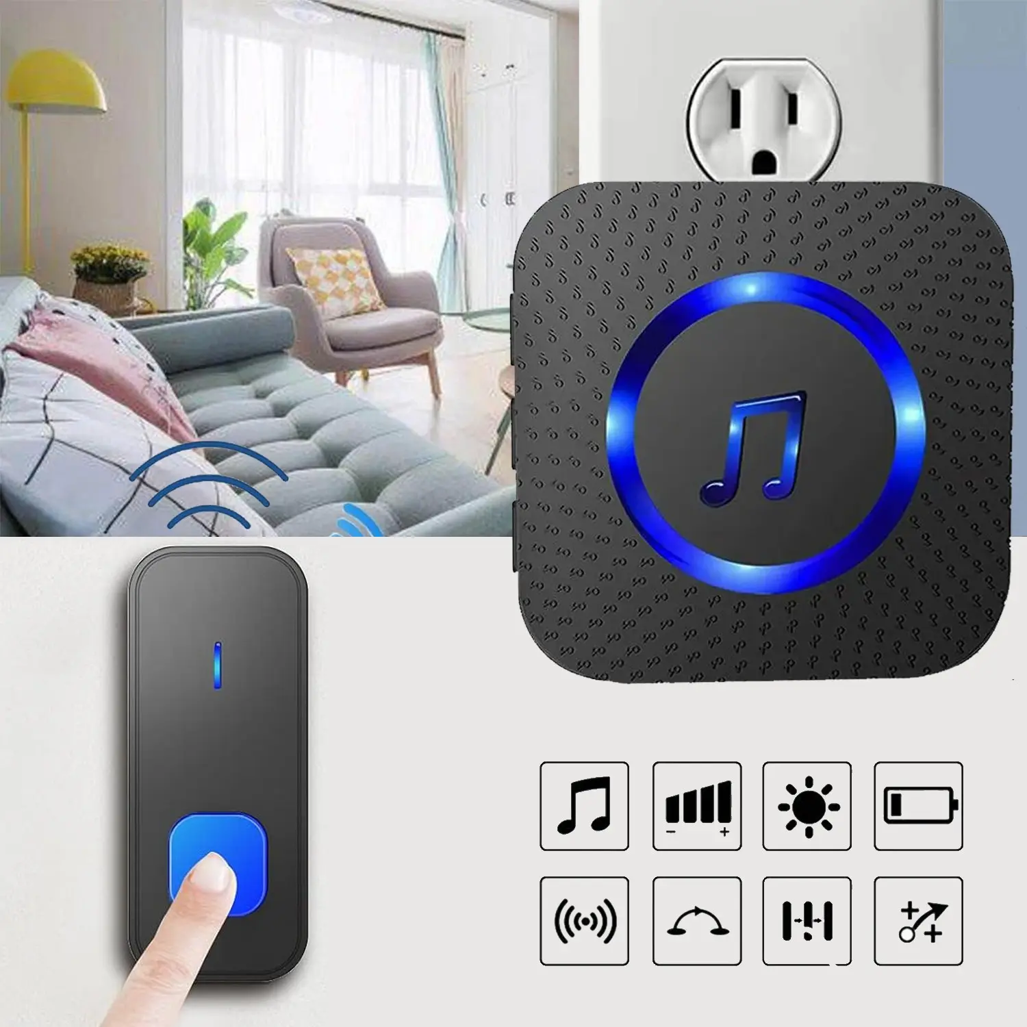 Wireless Doorbell, Ip55 Waterproof, Us Plug, 52 Ringtones, 5 Volume Levels, LED Flash, Easy Installation, Doorbell Button, Wireless Doorbells for Home, Suitable for Home, Office, Store