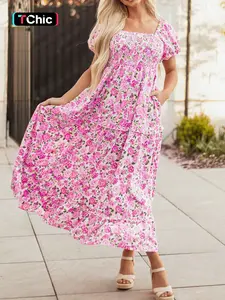 Elegant Bohemian Summer Floral Ruffle Dress, Elastic Waist Bubble Sleeve Long Gown, Flowy Women's Fashion Clothing