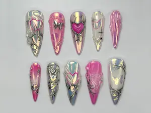 Celestial Love Chrome Press On Nails | Iridescent Butterfly Heart Nails | Handmade Pink Silver Set with 3D Shine | Long Press O