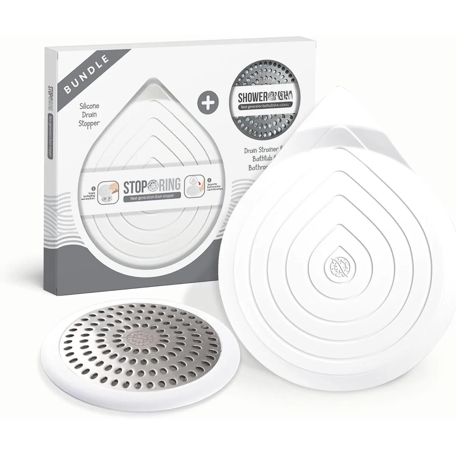 Drain Hair Catcher & Stopper Combo -  Shower + Stop Set for Bath & Sink | Stainless Steel Strainer +  Drain Plug | Clog-Free, Universal Fit (White, 2 Pack)