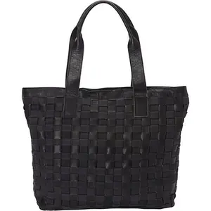 212 MAIN Leather Weave Female Tote with Black Canvas Accent, Leather Shoulder Bag, Large Tote
