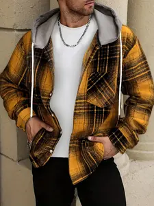 Men's Fashion Plaid Hooded Jacket, Casual Long Sleeve Shirt with Hat, Spring Autumn Winter Essential Outerwear, No Tee Inside