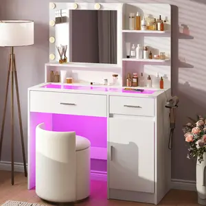 Vanity Desk with Mirror and Lighting Modes USB Power LED Lights Glass Top Power Outlet RGB Drawers Dressing Table for Women Girls Bedroom White Makeup Station Modern Vanity Setup Beauty Organizer Home Furniture summervibes