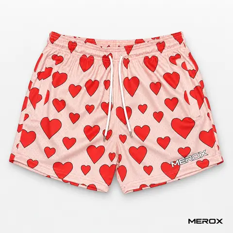 MEROX 5” Inseam Mesh Shorts – Valentine’s Day Heart Design – Athletic Workout Shorts W/ Zipper Pockets