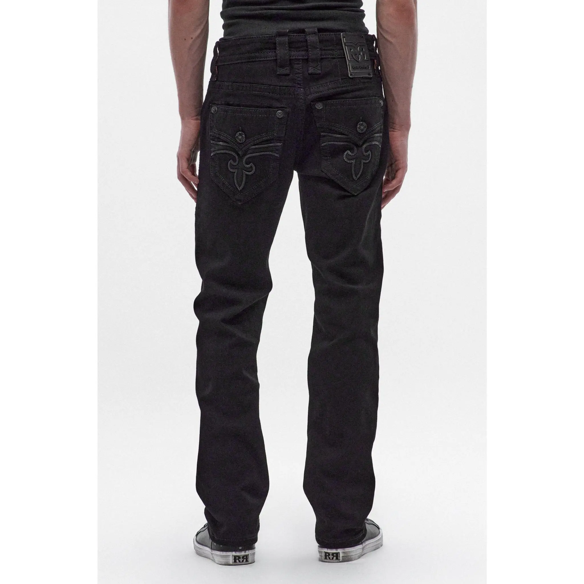 Rock Revival Arther Bootcut in Black/Black Casual Denim Jeans Stretch Embroidery Leather, Menswear, Day