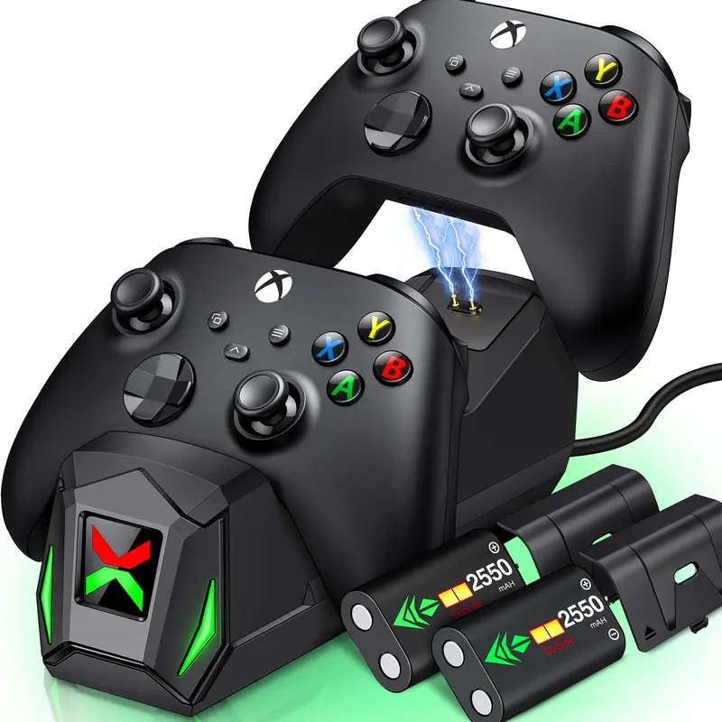 Beboncool Dual Charging Dock Station Holder for Xbox 1/Series X|S Controllers - Game Peripherals, Tech Accessory, Geek Gift, Plastic/Metal Build, 2 Max 2550mAh Battery Packs, 4 Console Battery Covers, LED Light, 2 Charging Ports, 18-25hrs Playtime