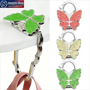 Glitter Butterfly Foldable Handbag Hanger, Portable Purse Table Hook with Anti Slip Rubber Back, Sturdy Bag Holder Organizer for Desk, Office and Travel Use, Cute Women’s Handbag Accessory and Purse Storage Hook