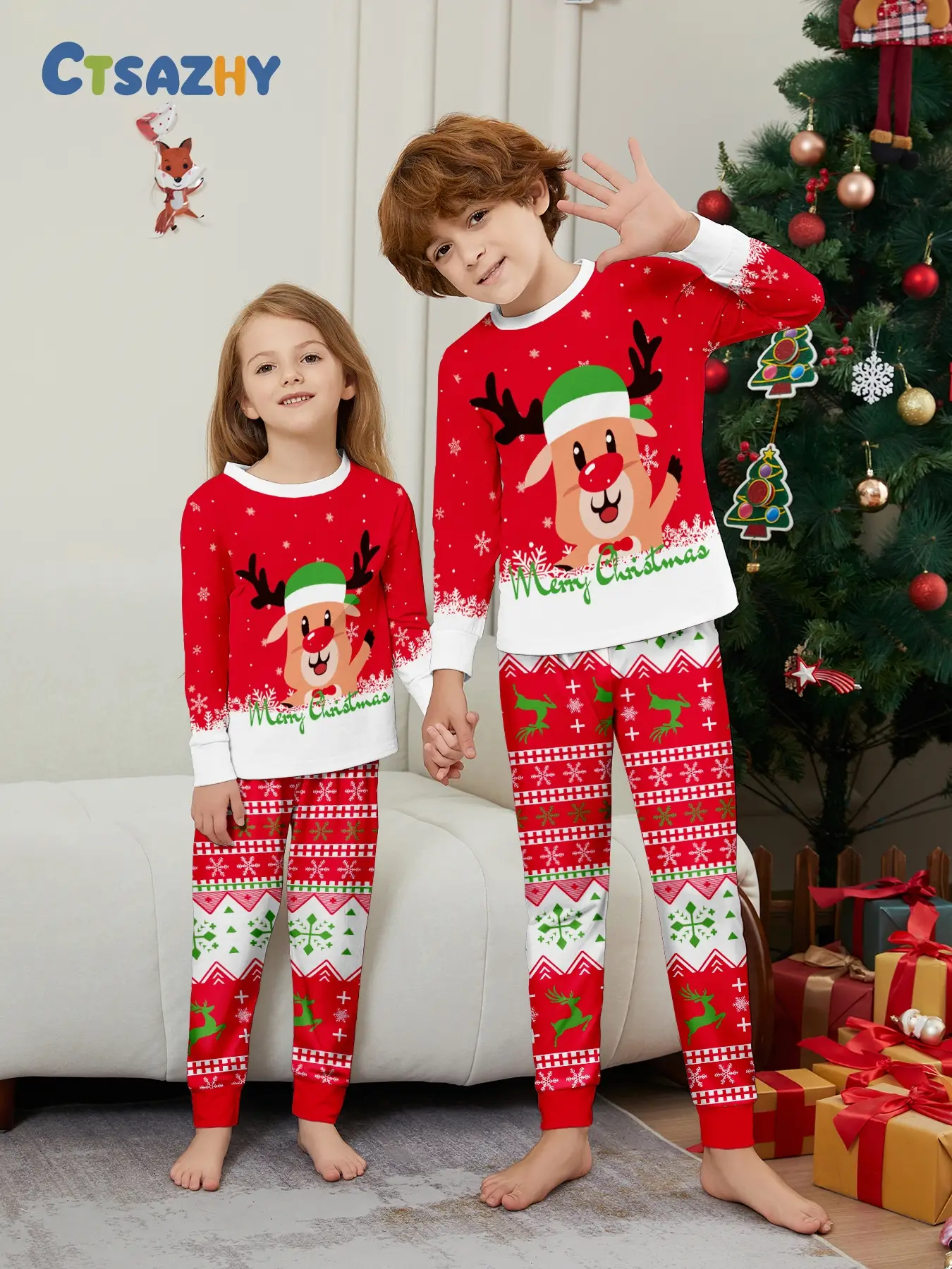 Reindeer Print Pajamas Set, Casual Fitted Sleepwear for Boys & Girls, All Seasons Comfortable Home Wear