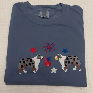 USA Blue Merle Australian shepherd embroidered doggie Fourth of July comfort colors T-shirt