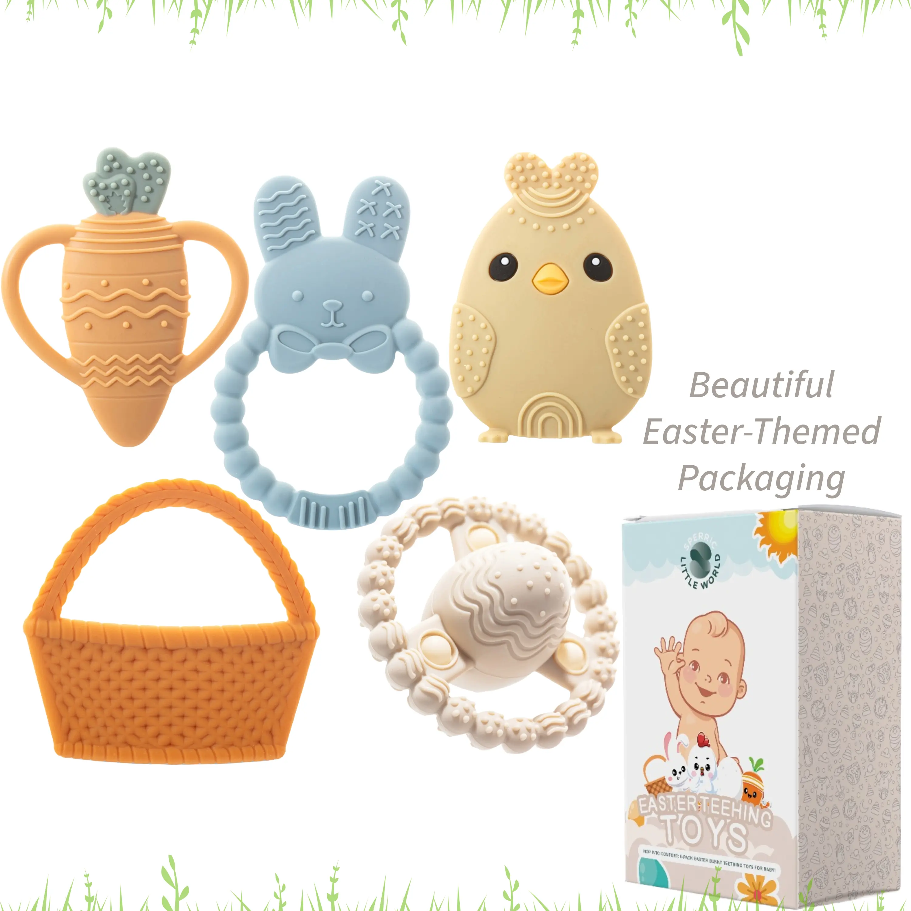 Cute Easter Baby Teether Set, Easter Bunny, Carrot, Chicken, Rattle Egg & Easter Basket Teething Toys Perfect Easter Teethers Toys Gift Set for Babies
