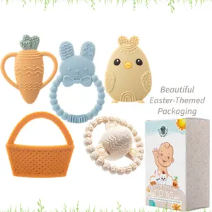 Cute Easter Baby Teether Set, Easter Bunny, Carrot, Chicken, Rattle Egg & Easter Basket Teething Toys Perfect Easter Teethers Toys Gift Set for Babies