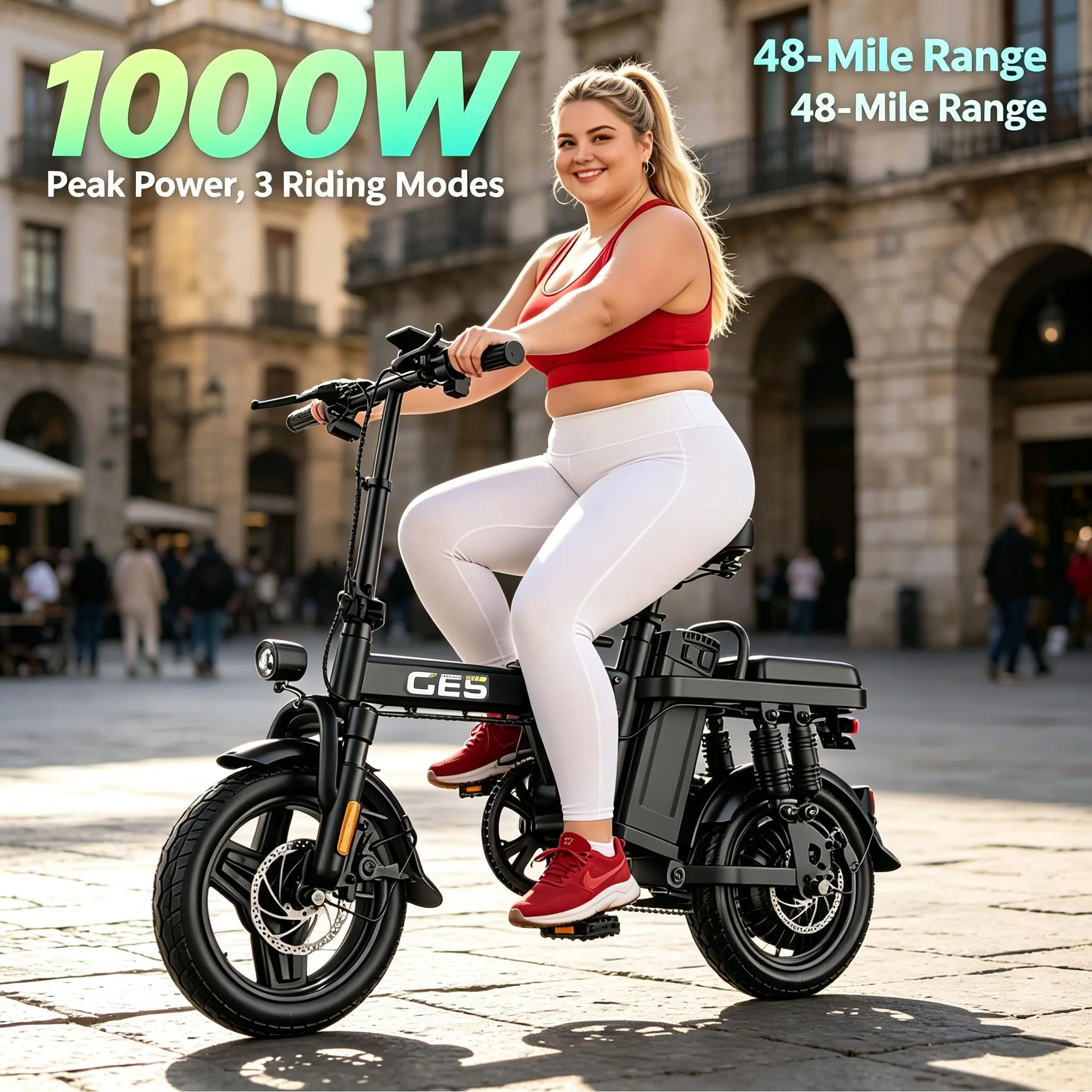14'' Portable Rechargeable Foldable E-Bike - 1000W Drive Motor, 15Ah Detachable Rechargeable Battery (48 mi Range), High Carbon Steel Frame, Dual Disc Brakes, LED Speed Screen, Remote Lock/Unlock, Urban Commuter Fold Folding Bike
