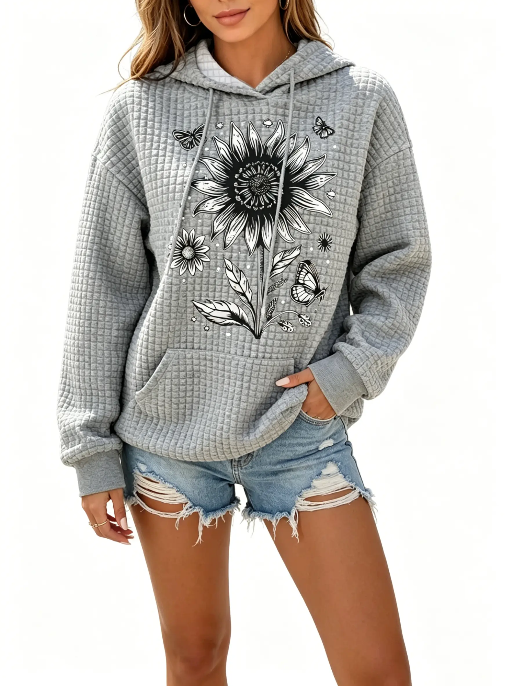 Women's Butterfly Print Sweatshirt, Casual Fashion Hoodie Pullover with Long Sleeves, Drawstring, and Kangaroo Pocket, Sweatshirts, Comfy Ootd, Hoodies For Women, Baggy, Oversize, Jeans