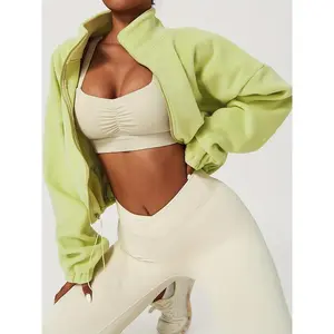 Zip Up Drop Shoulder Jacket, Casual Solid Long Sleeve Drawstring Crop Jacket For Fall, Women's Clothing