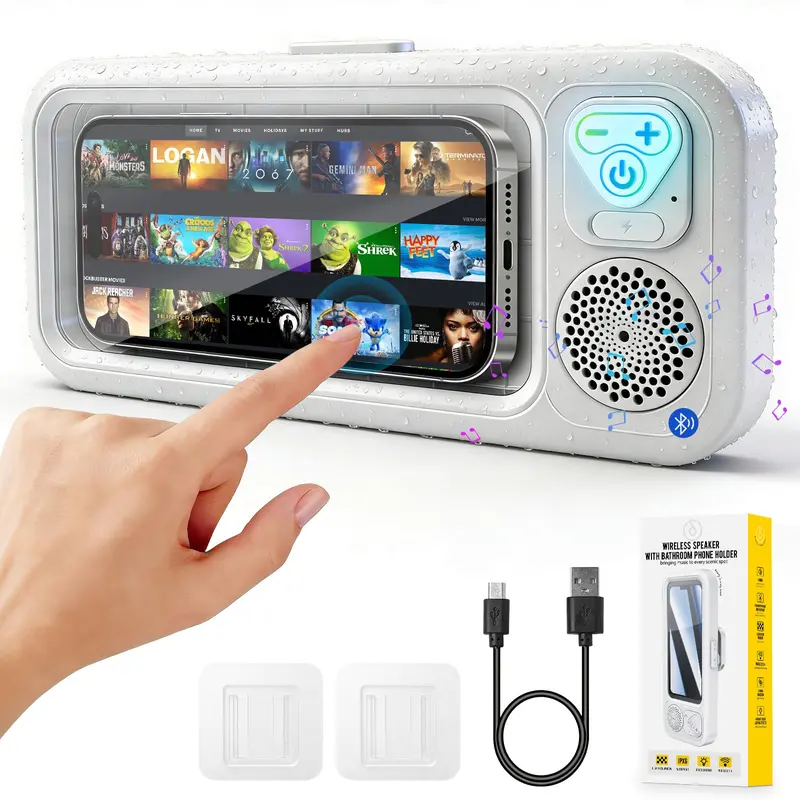 IPX5 Rated Waterproof Shower Bluetooth Speaker & Cellphone Holder (BT 5.3 Stereo, Bluetooth Version-B) - 360 Rotatable Suction Cup Wall Mount, Adjustable Clip, Universal for Smartphones & Pads, Easy Installation, Protection for Bathroom Users