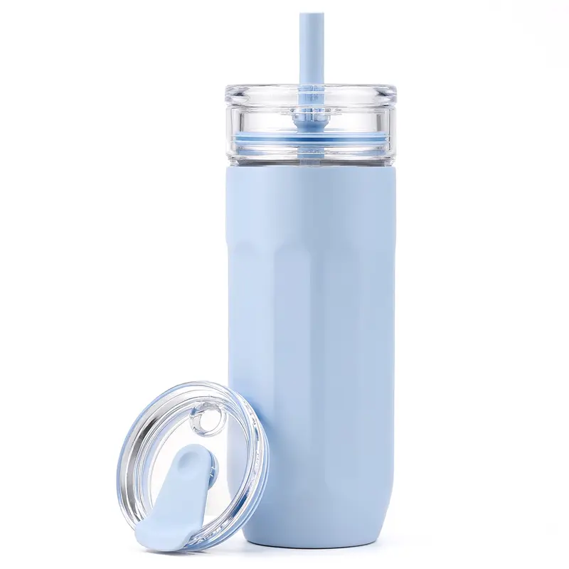 WINSA 18OZ Dual Layer Tumbler Stainless Steel Shell Glass Liner 2-in-1 Cup With Straw & Sip Lid Vacuum Insulated Cold Cup For Iced Coffee Boba Smoothies Travel Reusable Drink Mug