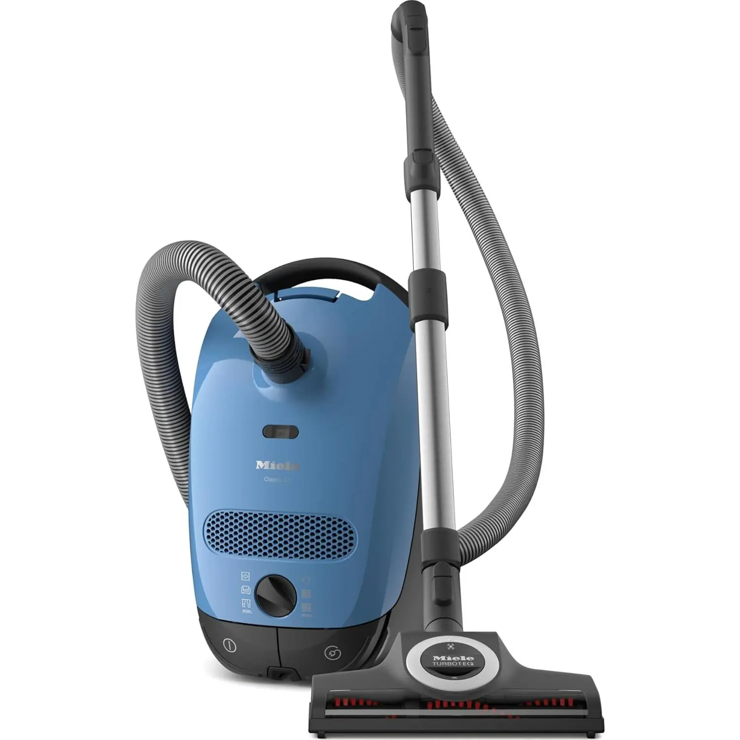 Miele Classic C1 Turbo Team Bagged Corded Canister Vacuum Cleaner - Tech Blue, Push Button, 120V, 17 lbs, 60 Decibels, Accessory Kit with Crevice Tool, Portable Household Vacuums