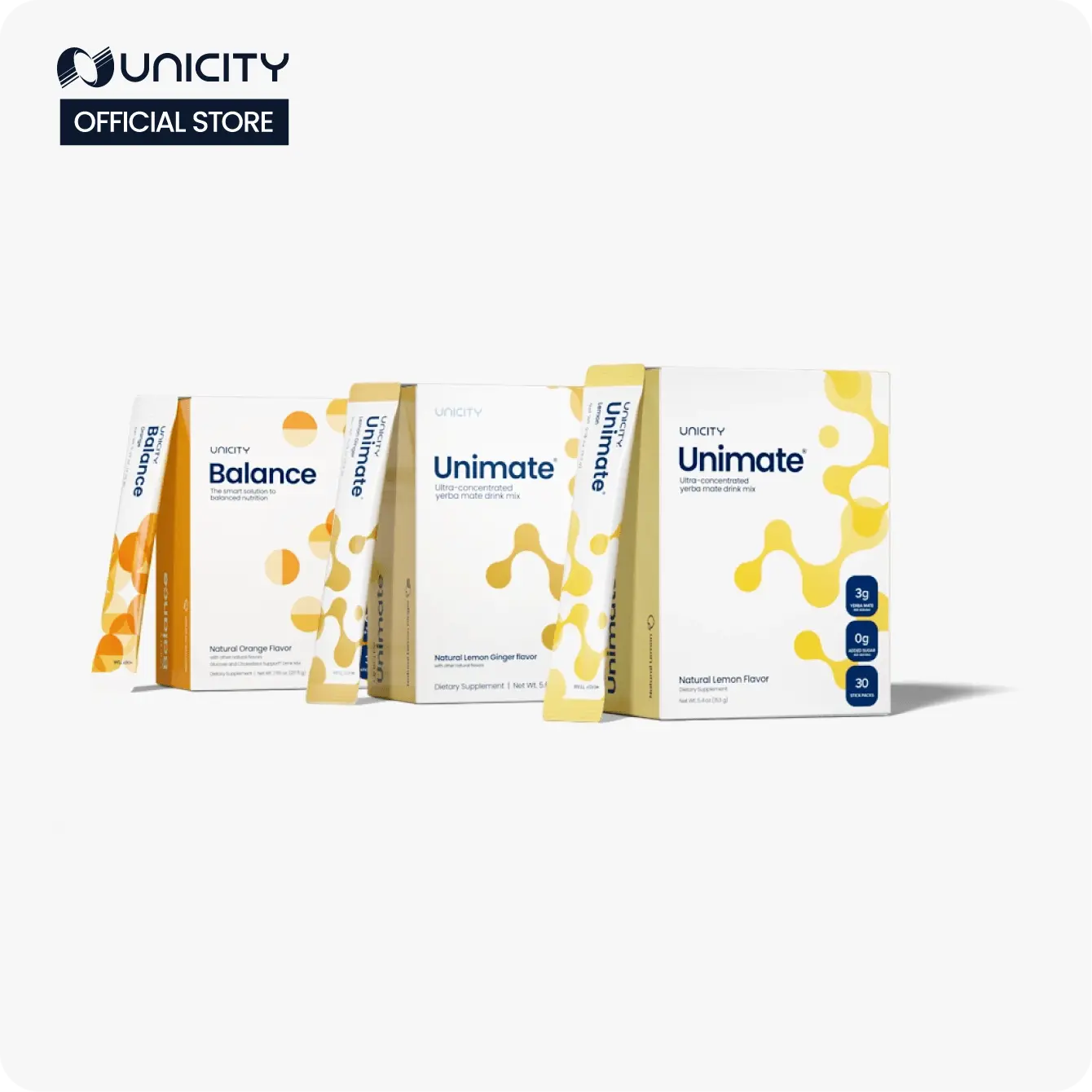 Unicity Feel Great - Lemon Unimate (1) Lemon Ginger Unimate (1) - Natural Orange Balance(1) - 30-day supply