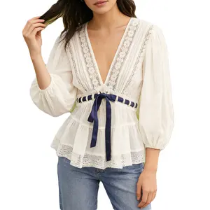 Women's Deep V-Neck Blouse Lace Patchwork 3/4 Sleeve Cinched Waist Bow Tie FrontPeplum Tops Streetwear