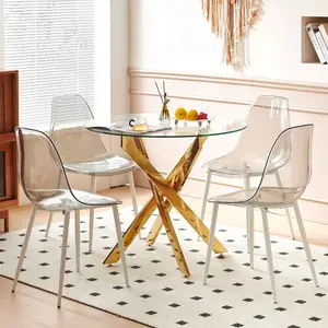 Round Glass Dining Table Gold Cross Legs - Space Saving Small Kitchen Table for Breakfast Nook Coffee Corner Apartment, Modern Easy Clean Gold