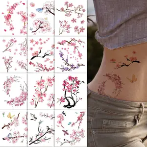 12Pcs Waterproof Sweatproof Temporary Tattoo Stickers, Cherry Blossom Butterfly Bird Branch Patterns, Sexy Cute Body Art Decals, Long Lasting 2-5 Days Body Decor for Festival Party Travel, Fit for Arm Shoulder Back Abdomen