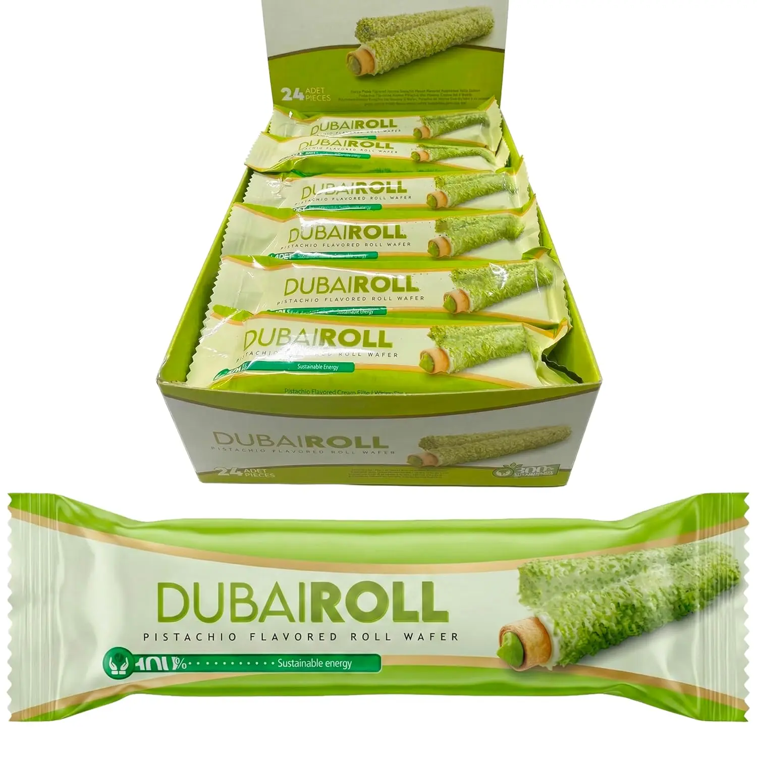 UNIQBITE Dubai Style Wafer Rolls with Pistachio Cream Filling, White Chocolate Coated Crispy Wafer Cookies, 24 Pack, 0.63 oz Each Snack