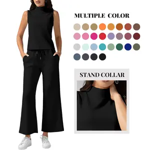 Women's Casly Lamiit 2-Piece Silky Sleeveless Mock Neck Tank Top & Cropped Wide Leg Bottom Loungewear Set - Lady's Minimalist Fitted Navy Tracksuit, Classy Dressy 2026 Fashion for Lounge & Sports (Jacket-Inclusive Style Note: Tank as Core Top Pairing),sum
