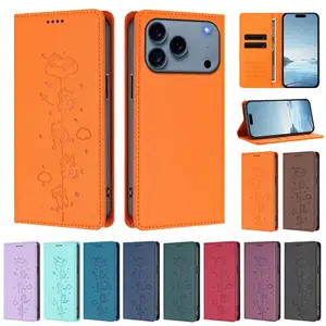 Cute Cat PU Leather Flip Wallet Case For iPhone 17 Pro Max Air 16 Plus 15 14 13 12 Card Slot RFID Protective Phone Cover