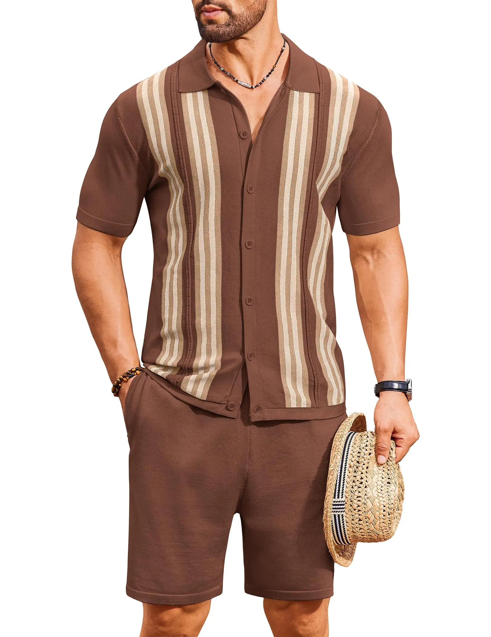 COOFANDY Men's 2 Piece Outfits Summer Short Sets Vintage Knit Button Down Shirt Short Sleeve Polo Casual Beach Suits