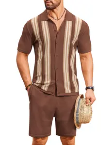 COOFANDY Men's 2 Piece Outfits Summer Short Sets Vintage Knit Button Down Shirt Short Sleeve Polo Casual Beach Suits