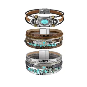 3 Pcs Western Jewelry for Women Turquoise Bracelet Native American Jewelry Western Gift for Women Silver Bohemian Turquoise Cuff Bracelets
