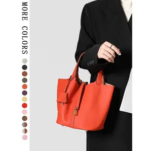 New Handmade Top Layer Cowhide Bucket Bag for Women, Genuine Leather Shoulder Bag, Casual Plain Design, All Seasons Use, 22cm, Genuine Leather Handbags Adjustable Crossbody fashion