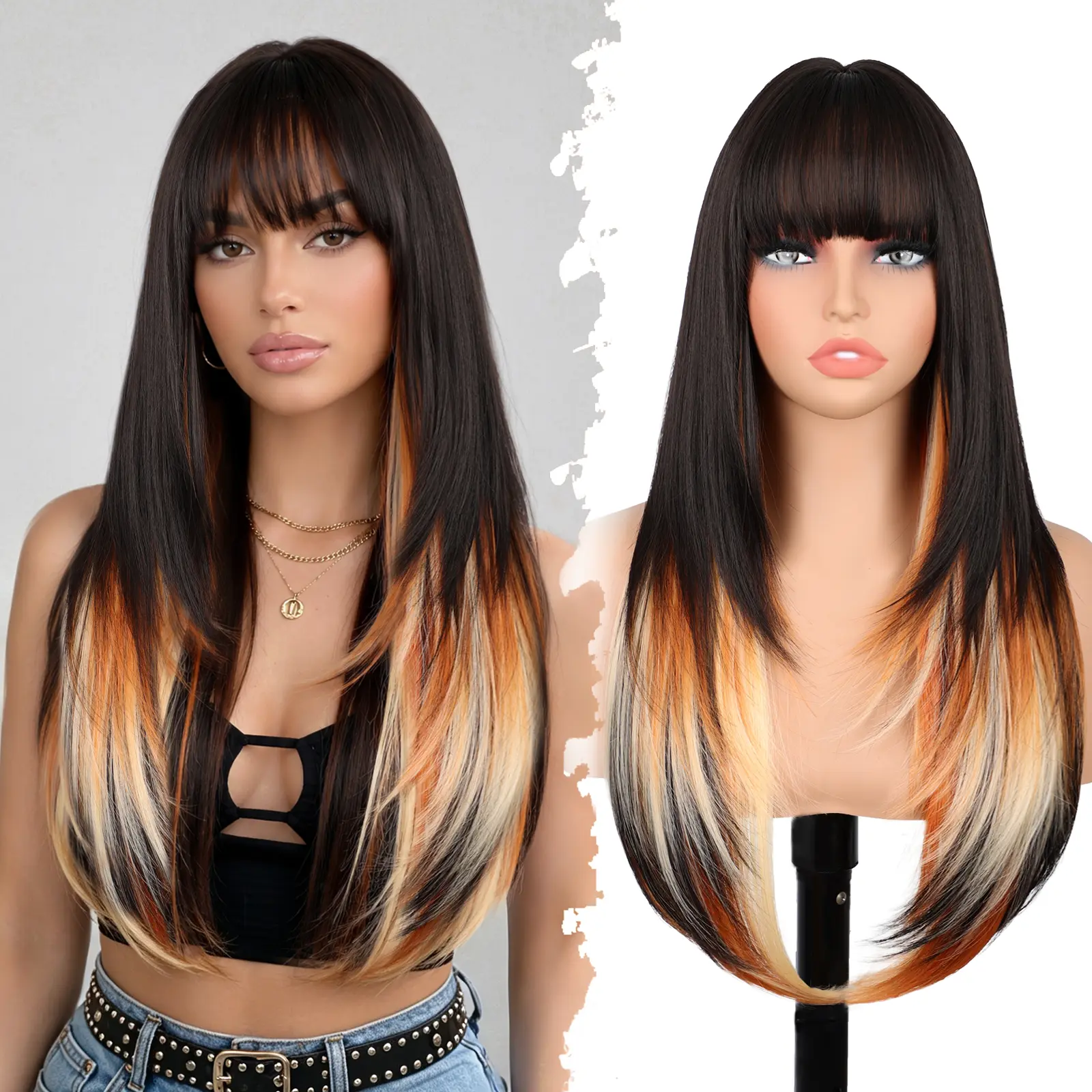 [Iridescent] Calico Wig with Bangs 4x2 Realistic Scalp 26 Inch Soft Layered Synthetic Wig Comfortable for Daily&Halloween Wear