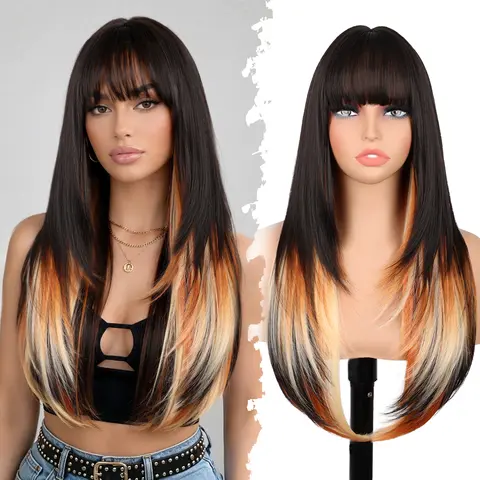 [Iridescent] Calico Wig with Bangs 4x2 Realistic Scalp 26 Inch Soft Layered Synthetic Wig Comfortable for Daily&Halloween Wear