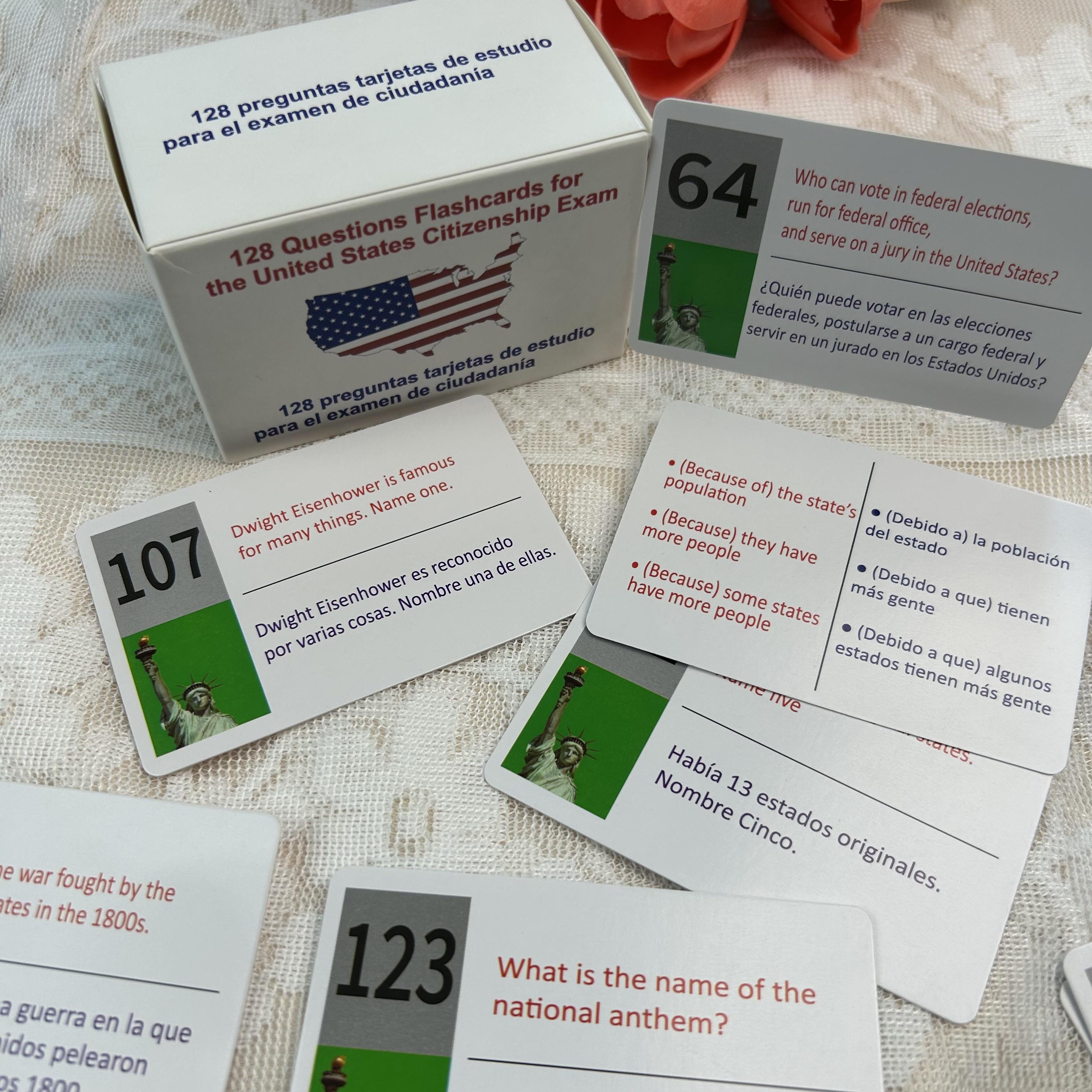 Tarjetas para La Ciudadania De Las 128 Preguntas U.S. Citizenship Flash Cards English Spanish US Civics Test Combo Set with Bilingual Booklet