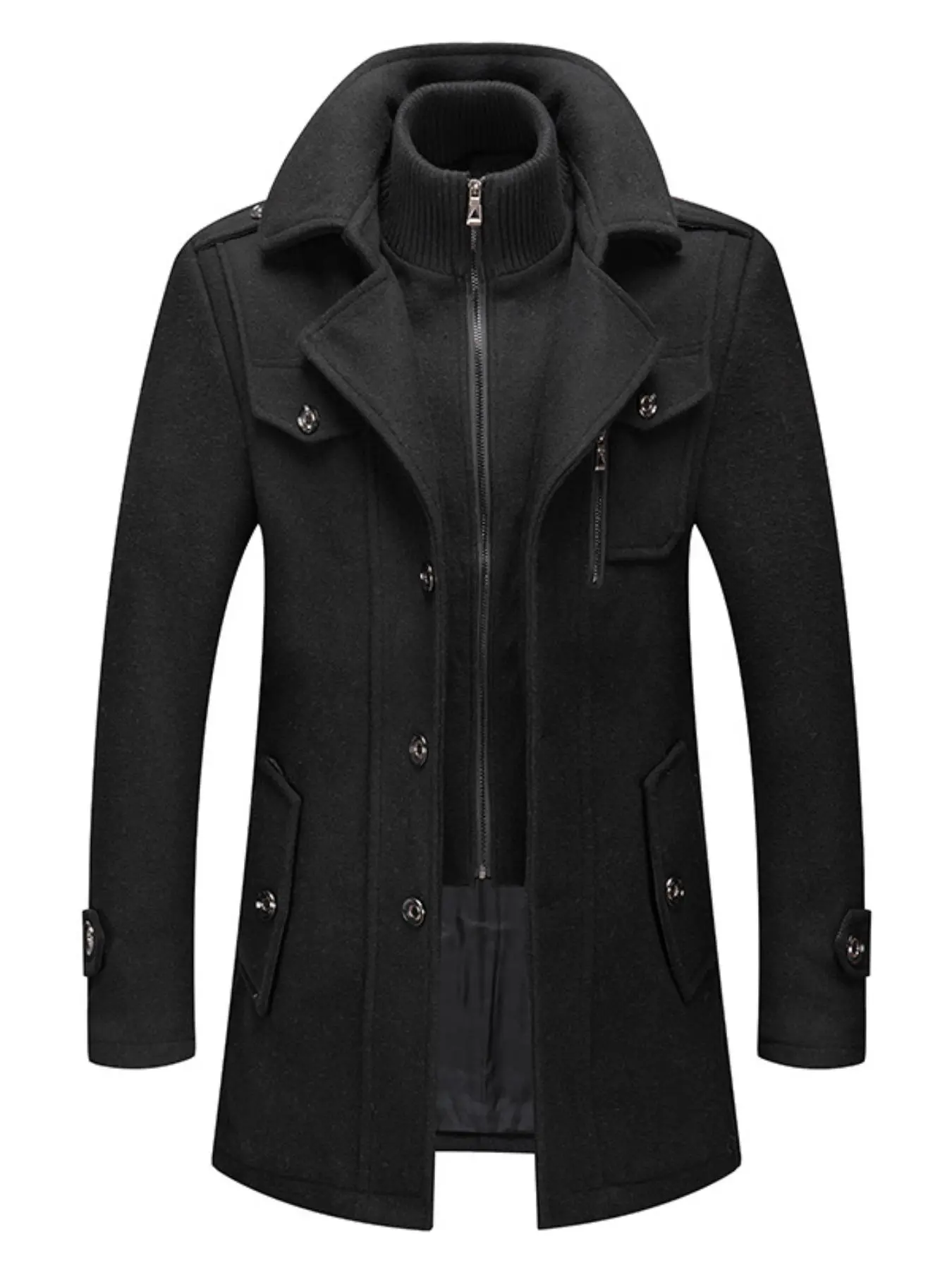 Men's Solid Button Front Pocket Zipper Wool Casual Coat with Pockets, Regular Fit Long Sleeve Lapel Neckline Outerwear for Fall & Winter, Men's Clothes for Business Work Daily Wear