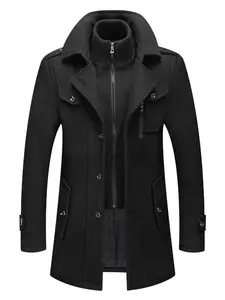 Men's Solid Button Front Pocket Zipper Wool Casual Coat, Regular Fit Long Sleeve Lapel Neckline Outerwear for Fall & Winter, Men's Clothes for Business Work Daily Wear