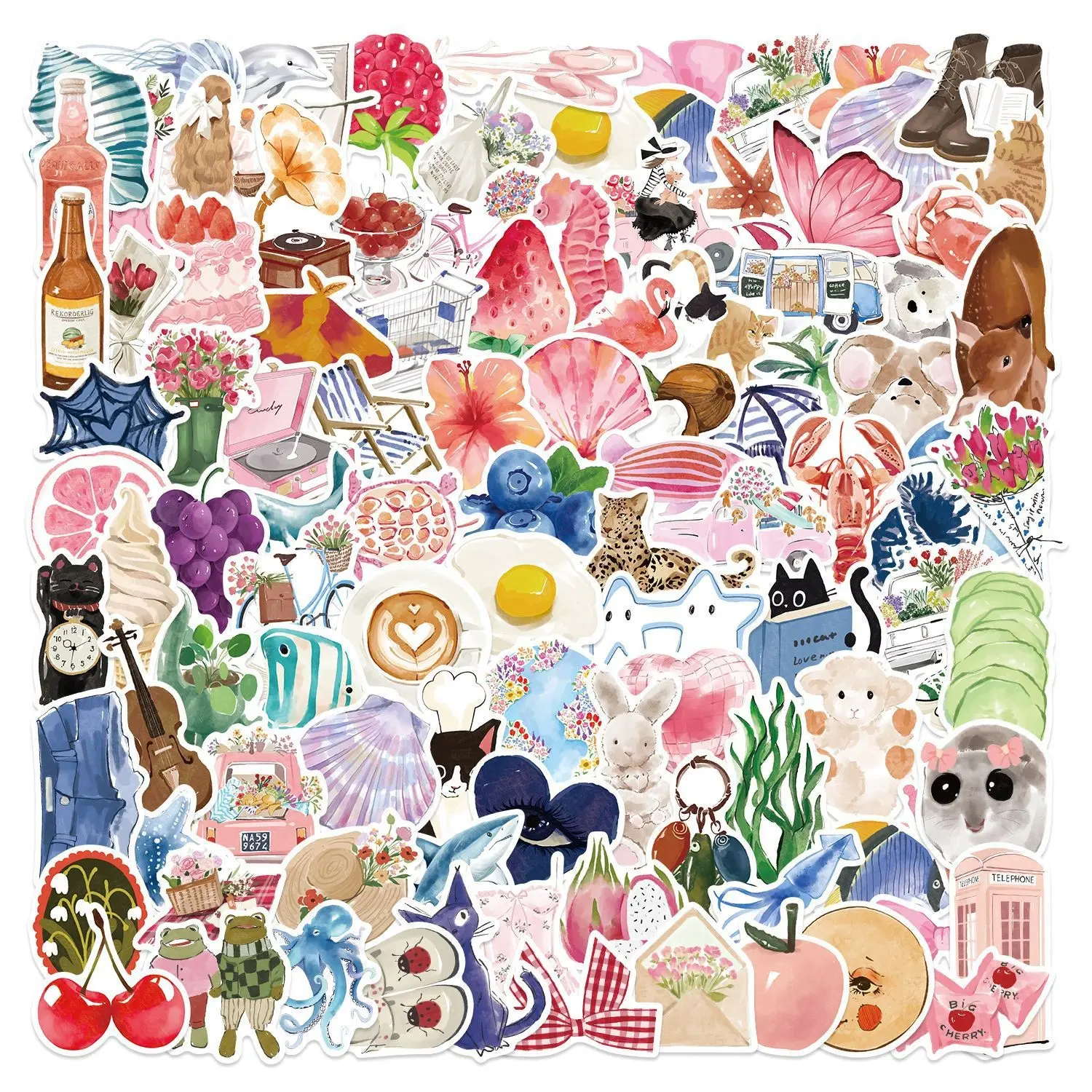 100 Pcs Watercolor Diary Stickers Decal Sticker DIY Decorative Guitar Notebook Luggage Waterproof, Sticker Set, Creative Art Supplies for Journaling & Scrapbooking Floral Pattern Sticker