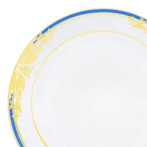 White with Blue and Gold Harmony Rim Plastic Dinner Plates (10.25")