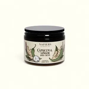 Napiers Capsicum & Ginger Body Cream - Botanical Massage Balm with Arnica Ginger & Black Pepper - Subtle Herbal Scent - Smooth Texture - Recyclable Glass Jar
