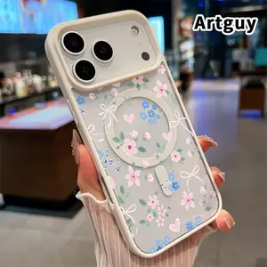 Compatible with iPhone 17 Pro Max 16 Plus 15 14 13 12 11 XR Air E Magnetic Case Floral Hearty Delight Acrylic Transparent Four Corner Shock-absorbing Airbag Smartphone Cover for Boy