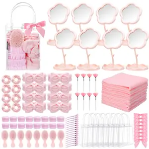96 Pcs Shower Party Prizes for Game Winners, Guests Party Favors Set with Flower Shaped Mirror Towels Hair Bands Clips Combs , Spa Gift for Gender Reveal Bridal Showers(Pink)