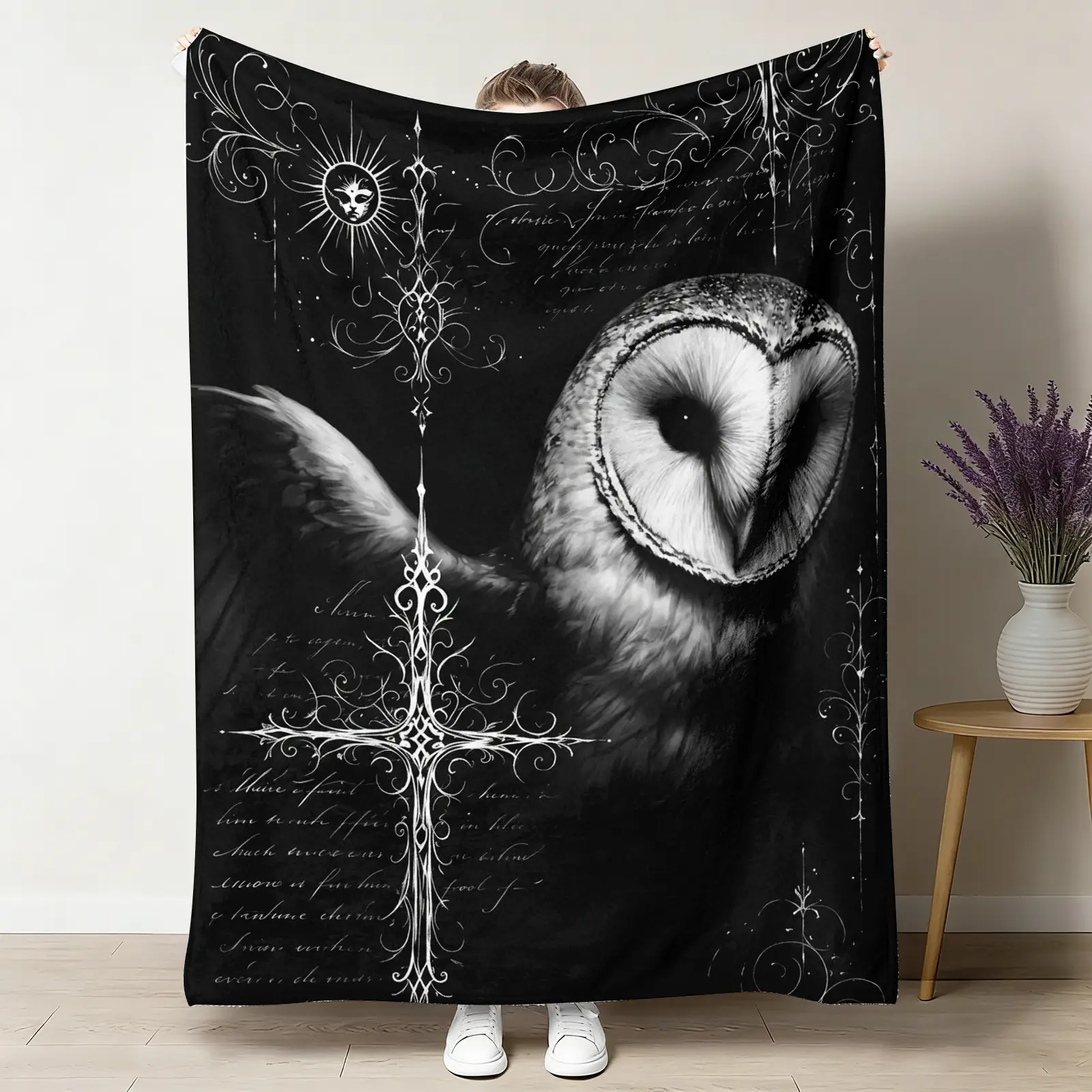 Gothic Barn Owl Throw Blanket, Black White Sketch Flannel Blanket, Soft Cozy Warm Throw, Cross Sun Symbol Design, Edgy Dark Academia Gift for Him Her, Mysterious Bedroom Living Room Couch Decor ﻿ holiday